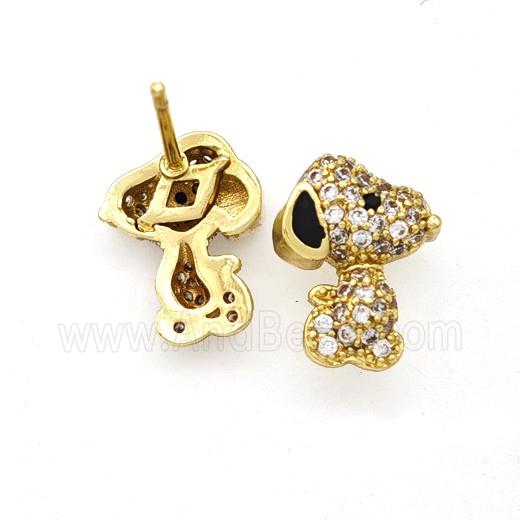 Copper Dog Stud Earrings Pave Zirconia Black Enamel Gold Plated