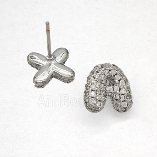 Copper Stud Earrings Pave Zirconia Letter-A Platinum Plated