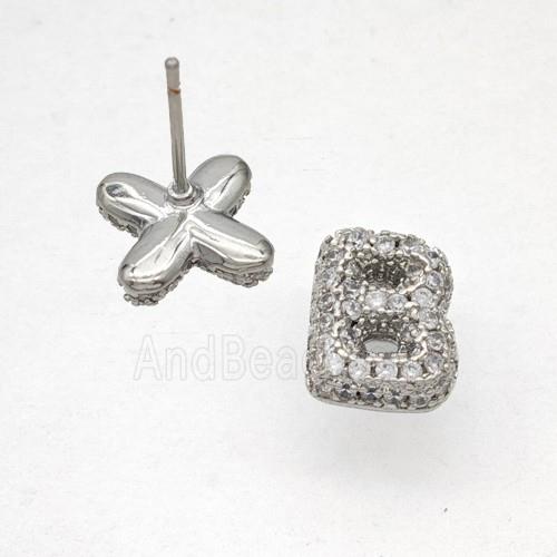 Copper Stud Earrings Pave Zirconia Letter-B Platinum Plated