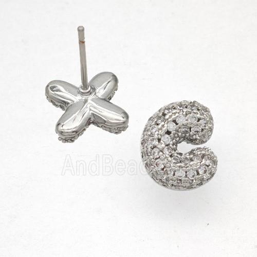 Copper Stud Earrings Pave Zirconia Letter-C Platinum Plated