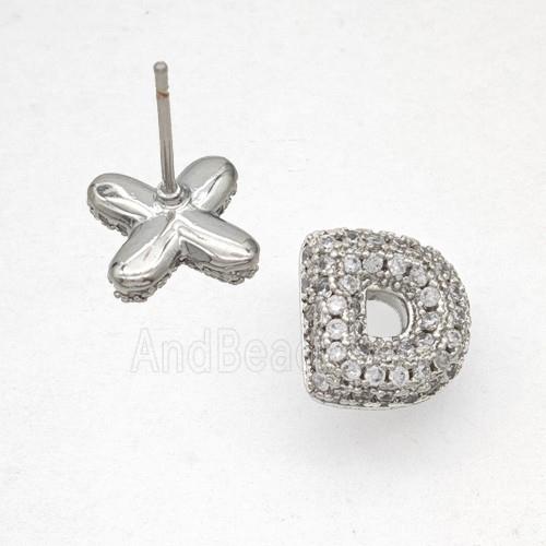 Copper Stud Earrings Pave Zirconia Letter-D Platinum Plated