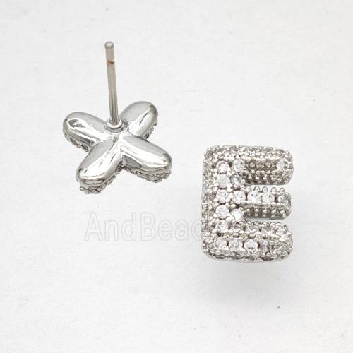 Copper Stud Earrings Pave Zirconia Letter-E Platinum Plated