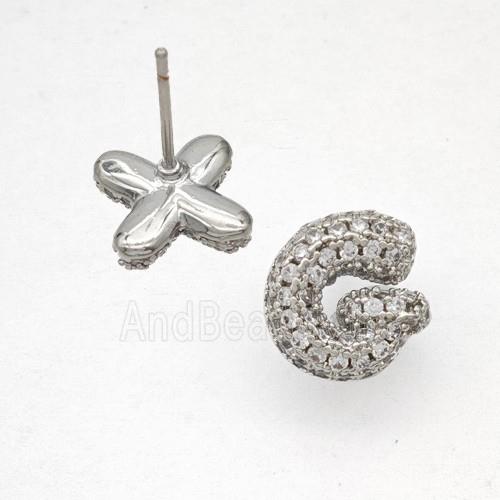 Copper Stud Earrings Pave Zirconia Letter-G Platinum Plated