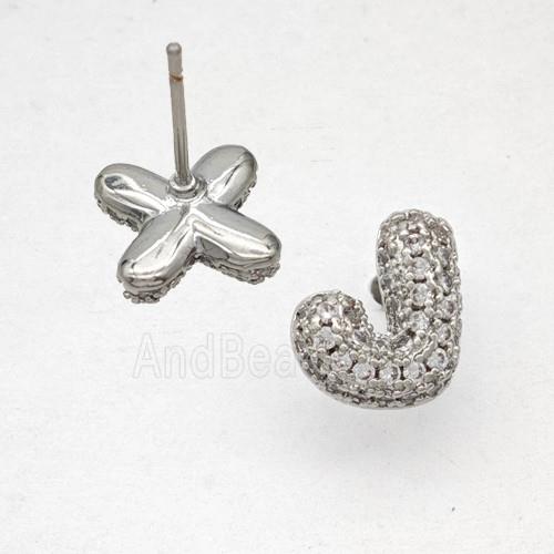 Copper Stud Earrings Pave Zirconia Letter-J Platinum Plated
