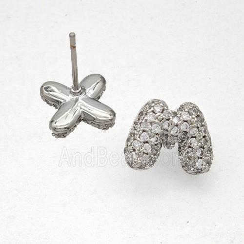 Copper Stud Earrings Pave Zirconia Letter-M Platinum Plated