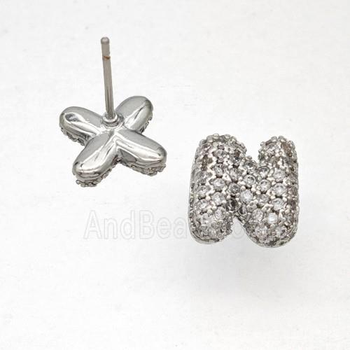 Copper Stud Earrings Pave Zirconia Letter-N Platinum Plated
