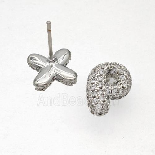Copper Stud Earrings Pave Zirconia Letter-P Platinum Plated