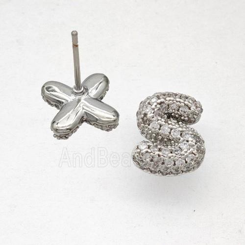 Copper Stud Earrings Pave Zirconia Letter-S Platinum Plated