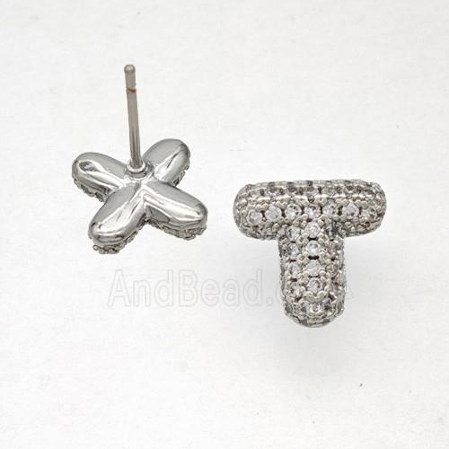 Copper Stud Earrings Pave Zirconia Letter-T Platinum Plated