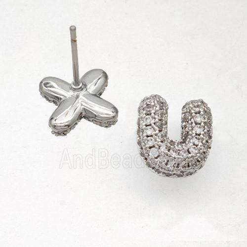 Copper Stud Earrings Pave Zirconia Letter-U Platinum Plated
