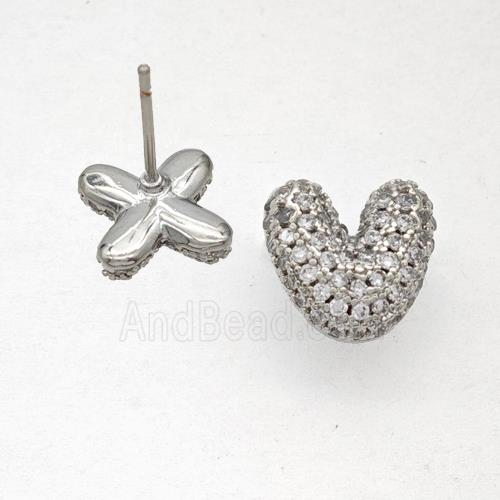 Copper Stud Earrings Pave Zirconia Letter-V Platinum Plated