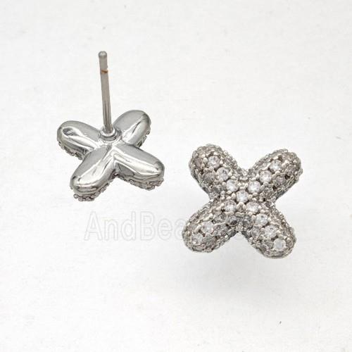 Copper Stud Earrings Pave Zirconia Letter-X Platinum Plated