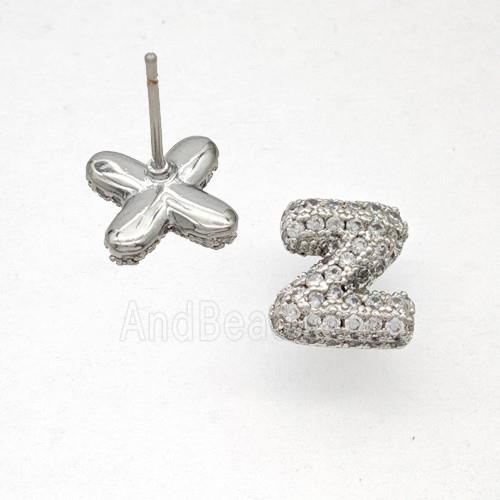 Copper Stud Earrings Pave Zirconia Letter-Z Platinum Plated