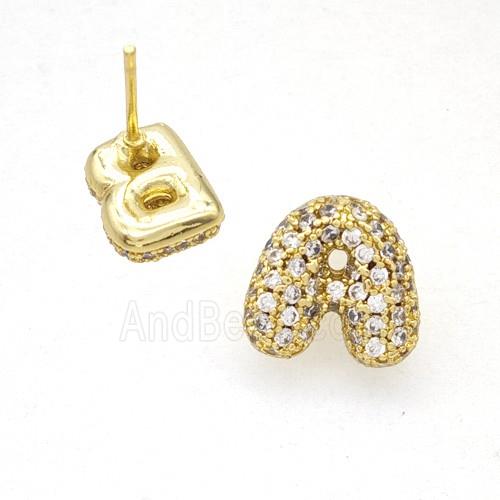 Copper Stud Earrings Pave Zirconia Letter-A Gold Plated