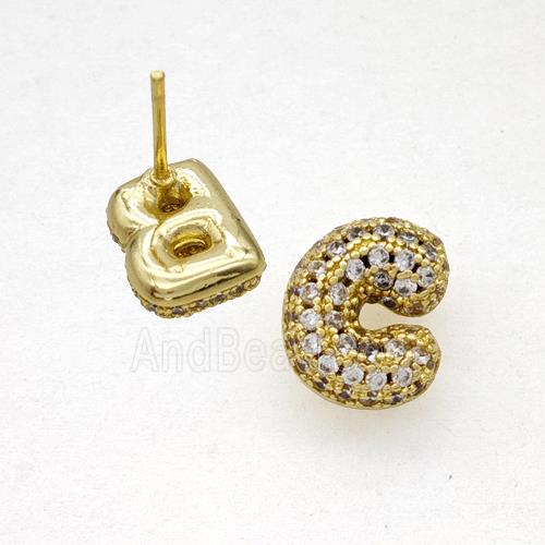 Copper Stud Earrings Pave Zirconia Letter-C Gold Plated