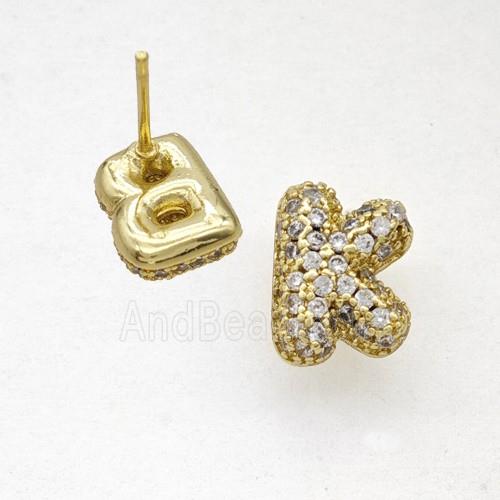 Copper Stud Earrings Pave Zirconia Letter-K Gold Plated