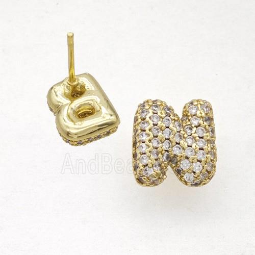 Copper Stud Earrings Pave Zirconia Letter-N Gold Plated