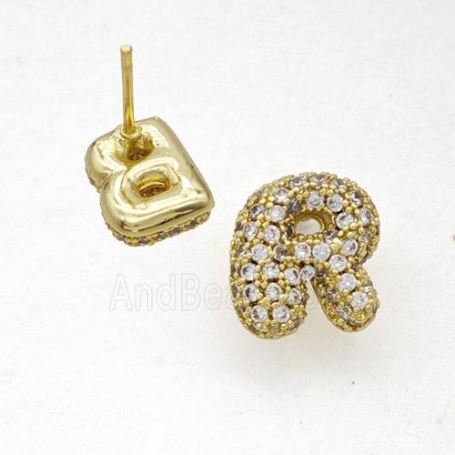 Copper Stud Earrings Pave Zirconia Letter-R Gold Plated