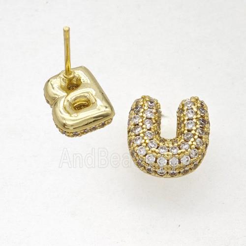 Copper Stud Earrings Pave Zirconia Letter-U Gold Plated