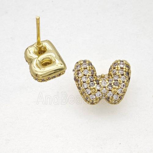 Copper Stud Earrings Pave Zirconia Letter-W Gold Plated