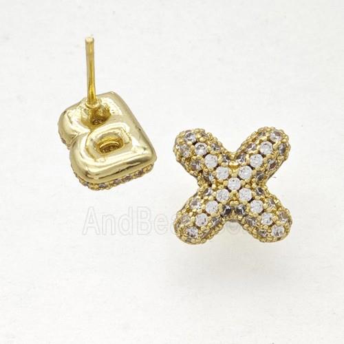 Copper Stud Earrings Pave Zirconia Letter-X Gold Plated