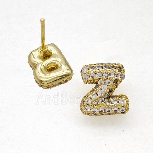 Copper Stud Earrings Pave Zirconia Letter-Z Gold Plated