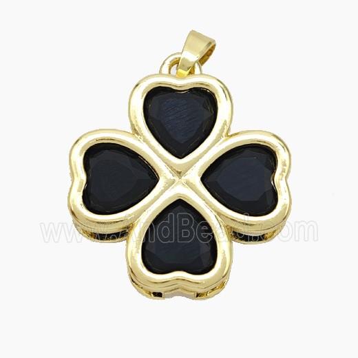 Copper Clover Pendant Pave Black Crystal Glass Heart Gold Plated