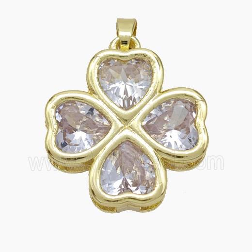 Copper Clover Pendant Pave Clear Crystal Glass Heart Gold Plated