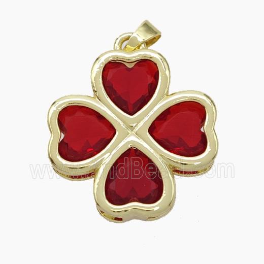 Copper Clover Pendant Pave Red Crystal Glass Heart Gold Plated