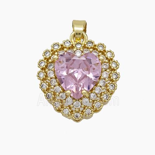 Copper Heart Pendant Micropave Zirconia Pink Crystal Glass Gold Plated