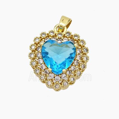 Copper Heart Pendant Micropave Zirconia Blue Crystal Glass Gold Plated