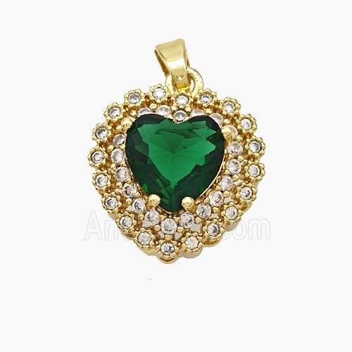Copper Heart Pendant Micropave Zirconia Green Crystal Glass Gold Plated
