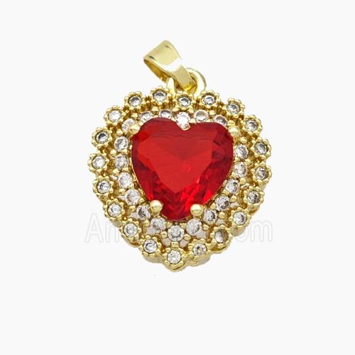 Copper Heart Pendant Micropave Zirconia Red Crystal Glass Gold Plated