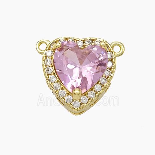 Copper Heart Pendant Micropave Zirconia Pink Crystal Glass 2loops Gold Plated