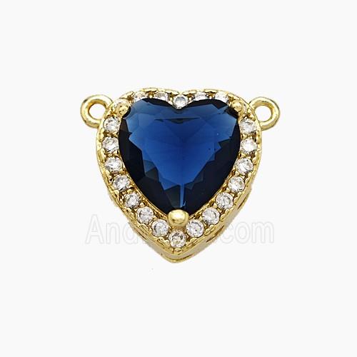 Copper Heart Pendant Micropave Zirconia Deepblue Crystal Glass 2loops Gold Plated
