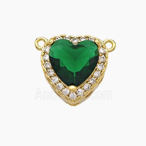 Copper Heart Pendant Micropave Zirconia Green Crystal Glass 2loops Gold Plated