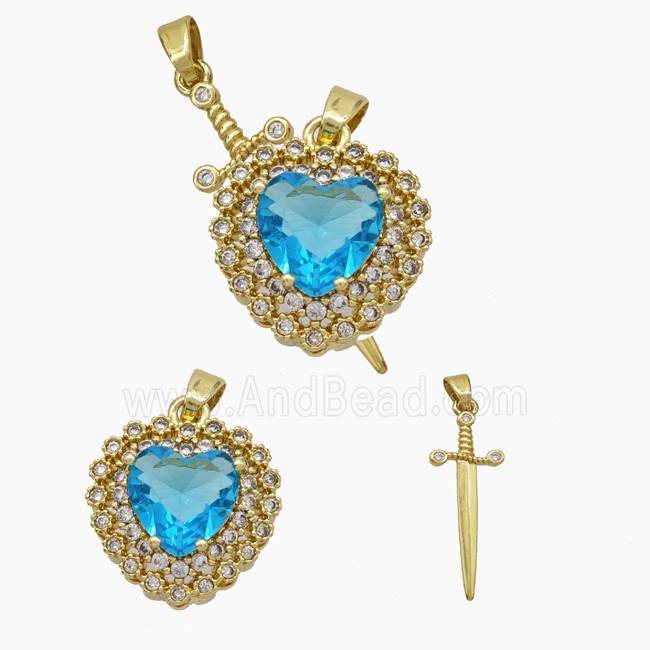 Copper Sword Heart Pendant Pave Zirconia Blue Crystal Glass Gold Plated