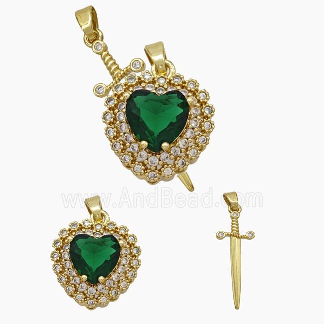 Copper Sword Heart Pendant Pave Zirconia Green Crystal Glass Gold Plated