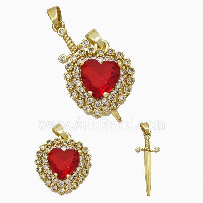 Copper Sword Heart Pendant Pave Zirconia Red Crystal Glass Gold Plated