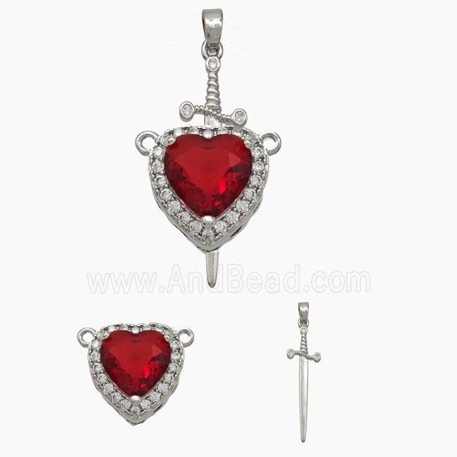 Copper Sword Heart Pendant Pave Zirconia Red Crystal Glass Platinum Plated