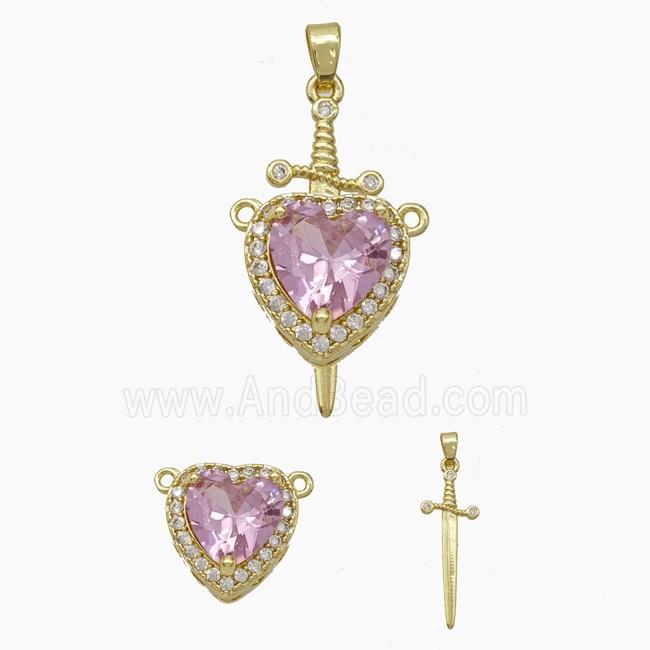 Copper Sword Heart Pendant Pave Zirconia Pink Crystal Glass Gold Plated
