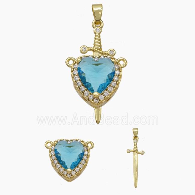 Copper Sword Heart Pendant Pave Zirconia Blue Crystal Glass Gold Plated