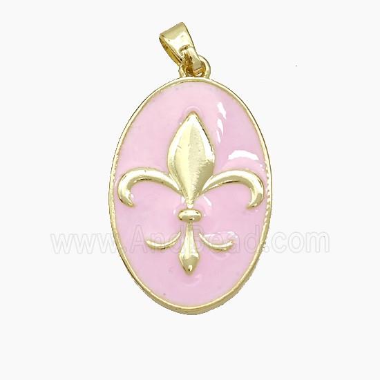 Copper Oval Pendant Fleur De Lis Pink Enamel Gold Plated