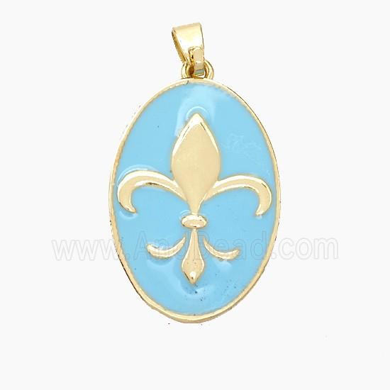 Copper Oval Pendant Fleur De Lis Blue Enamel Gold Plated