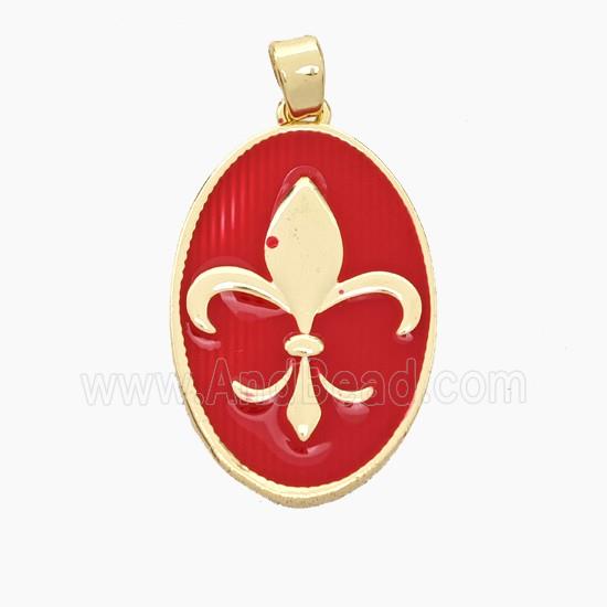 Copper Oval Pendant Fleur De Lis Red Enamel Gold Plated