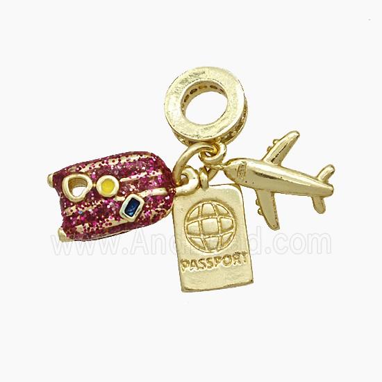 Copper Airplane Travel Box Passport Pendant Painted Gold Plated