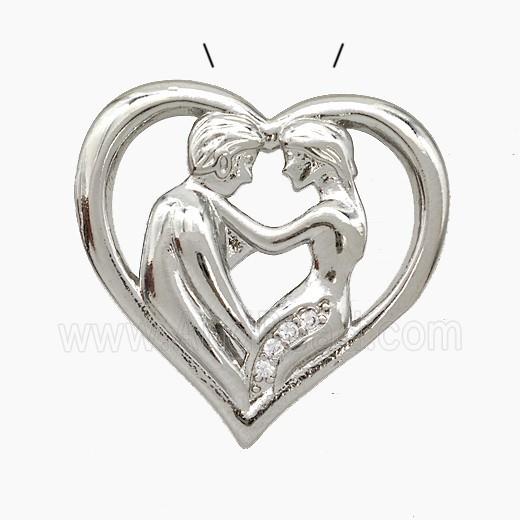 Copper Couple Pendant Pave Zirconia Heart Platinum Plated