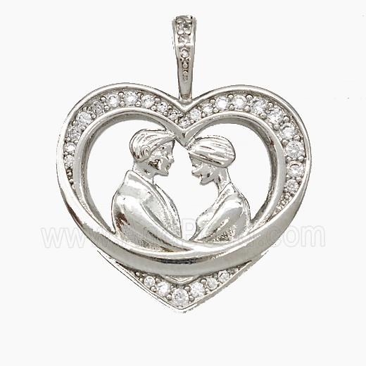 Copper Couple Pendant Pave Zirconia Heart Platinum Plated