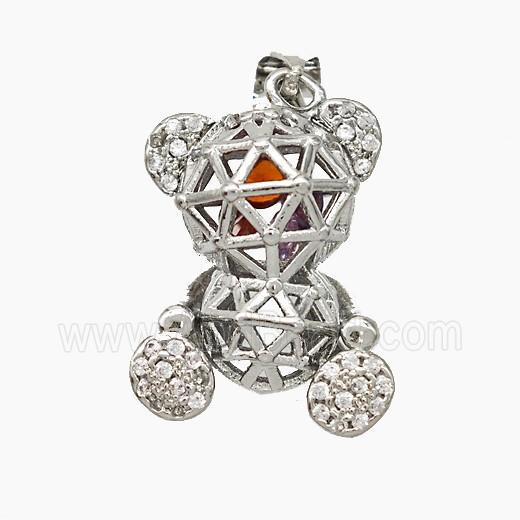 Copper Bear Pendant Pave Zirconia Hollow Platinum Plated