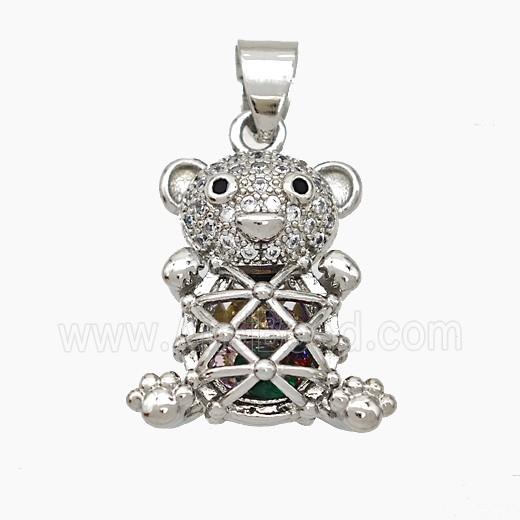 Copper Bear Pendant Pave Zirconia Hollow Platinum Plated